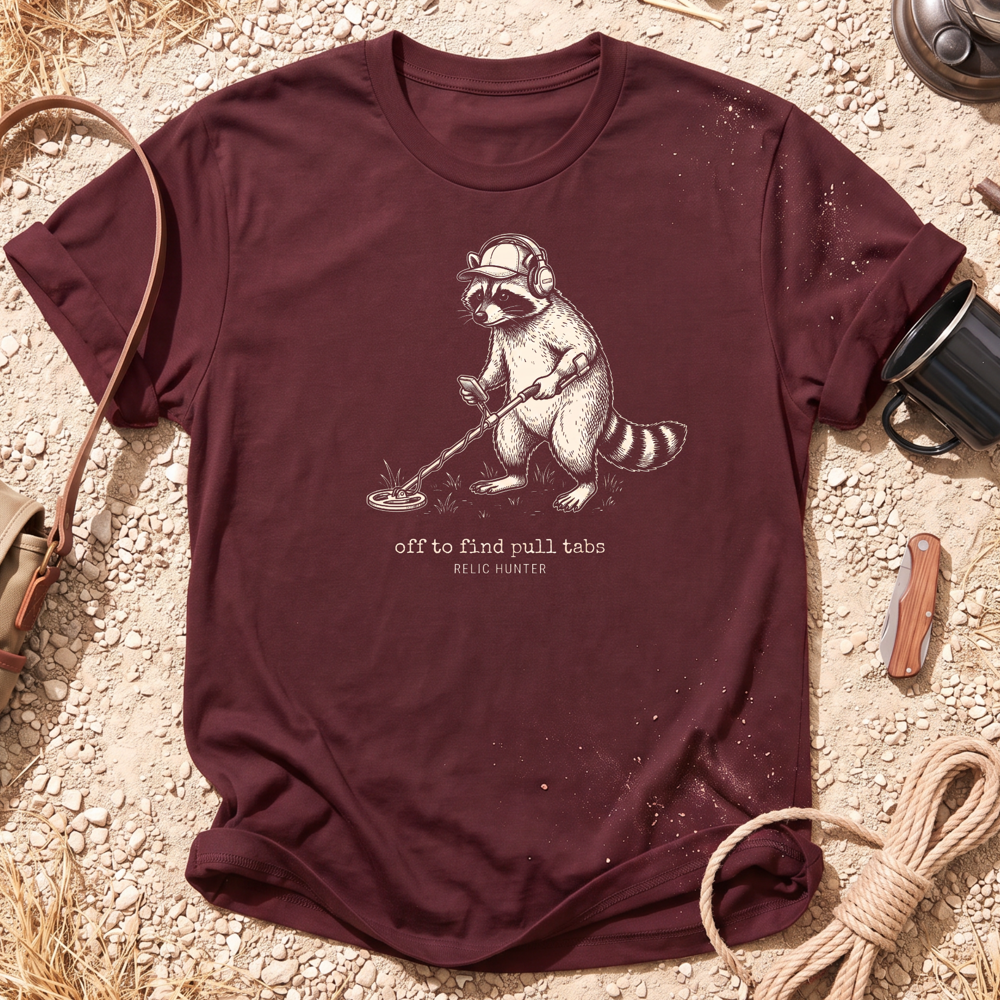 Off to Find Pull Tabs Raccoon Metal Detecting T-shirt