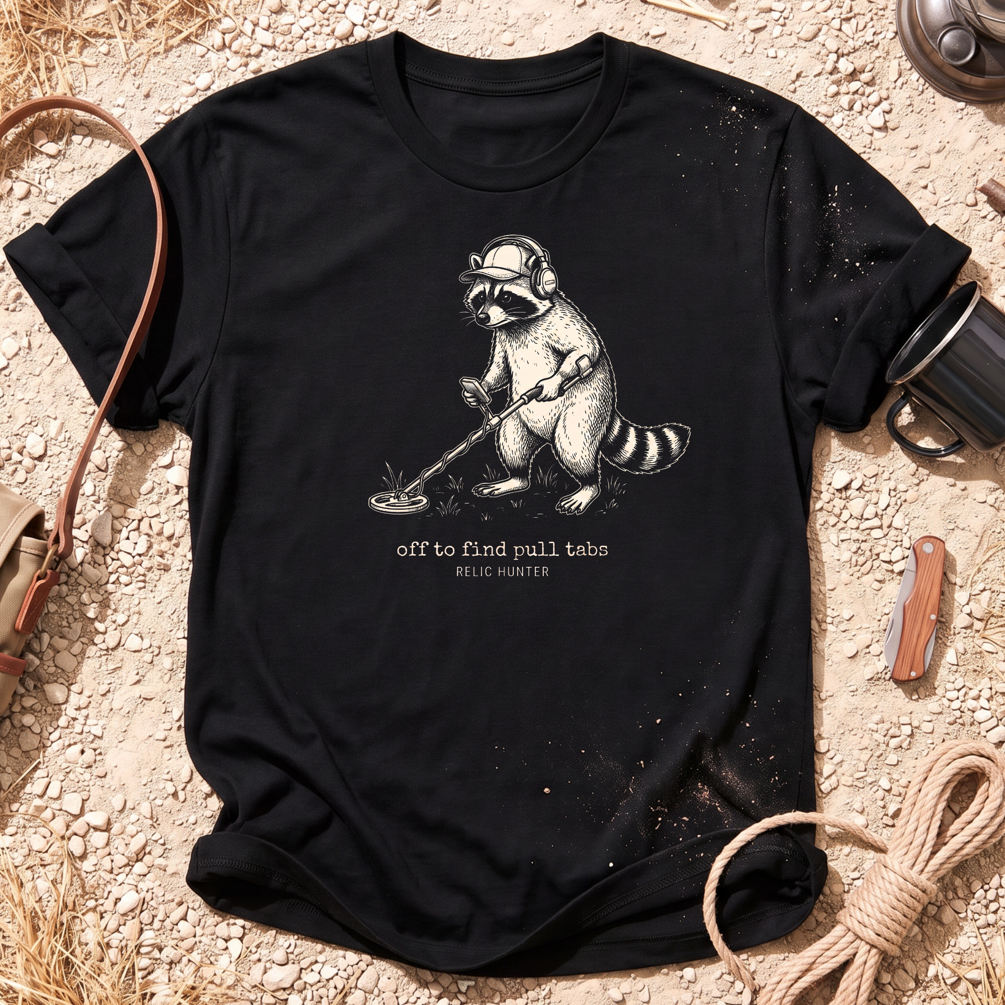 Off to Find Pull Tabs Raccoon Metal Detecting T-shirt