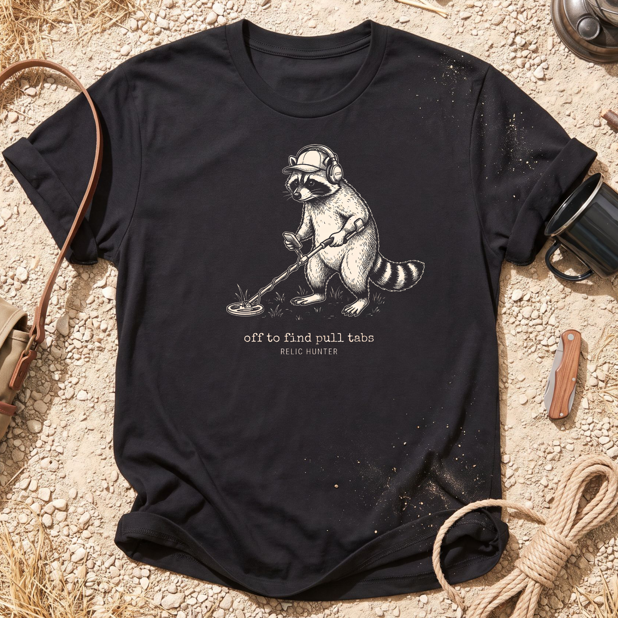 Off to Find Pull Tabs Raccoon Metal Detecting T-shirt